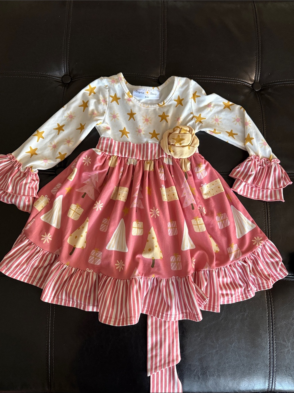 Oopsie Daisy Pink and White Holiday Star Print Girls' Dress